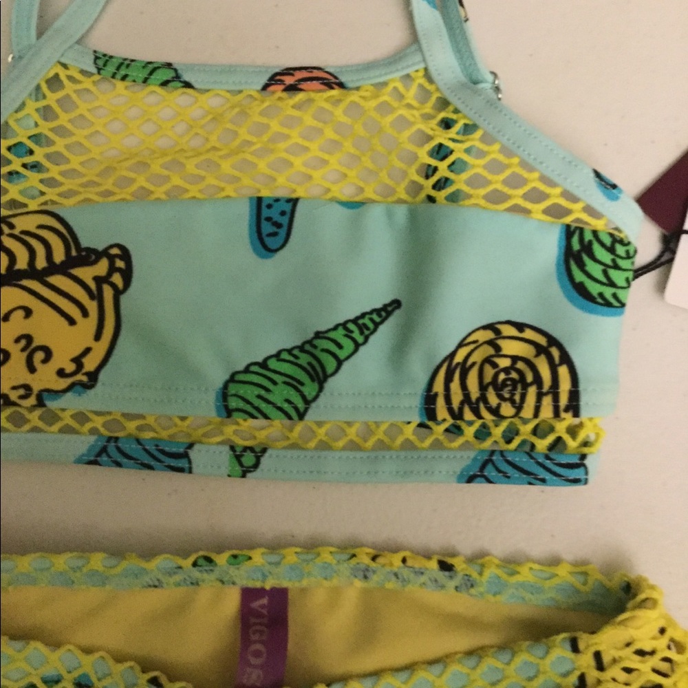 NWT Vigoss SZ 4 Shells! Bright Yellow & Aqua Crochet Mesh Skirt Swim Set - Picture 6 of 6